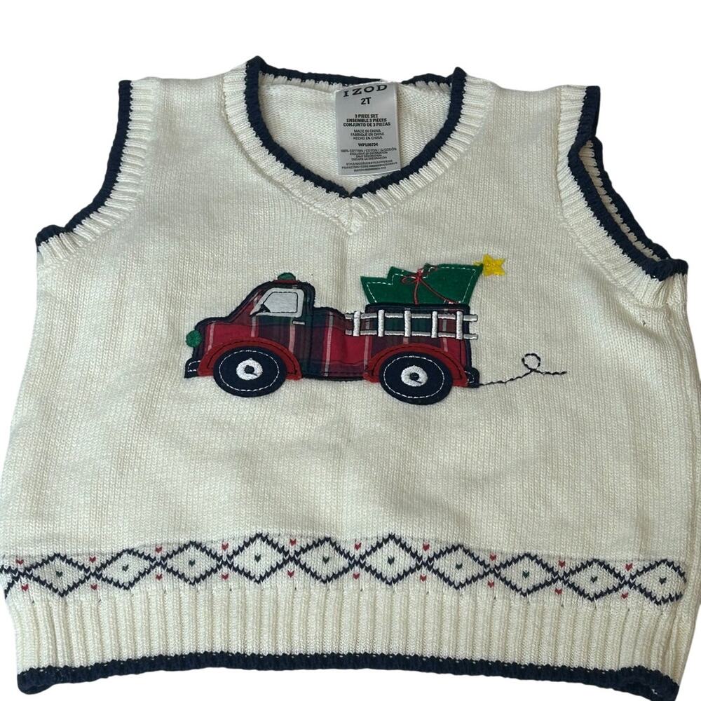 Izod Cream Christmas sweater vest plaid truck carrying Christmas tree sz 2T